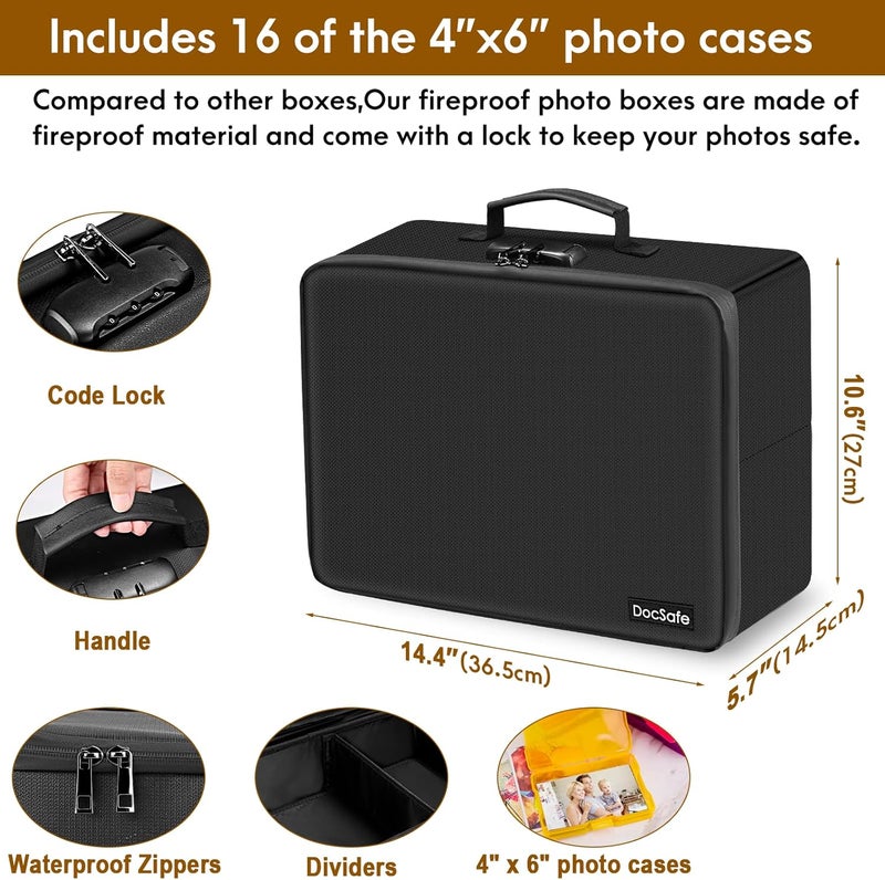 DocSafe Photo Storage Box with Lock,Fireproof Photo Organizer Box with 16 Inner 4" x 6" Photo Case(Multi-Colored),Collapsible Portable Photo Filing Safe Storage with Water-Resistant Zipper for Photos - Image 4